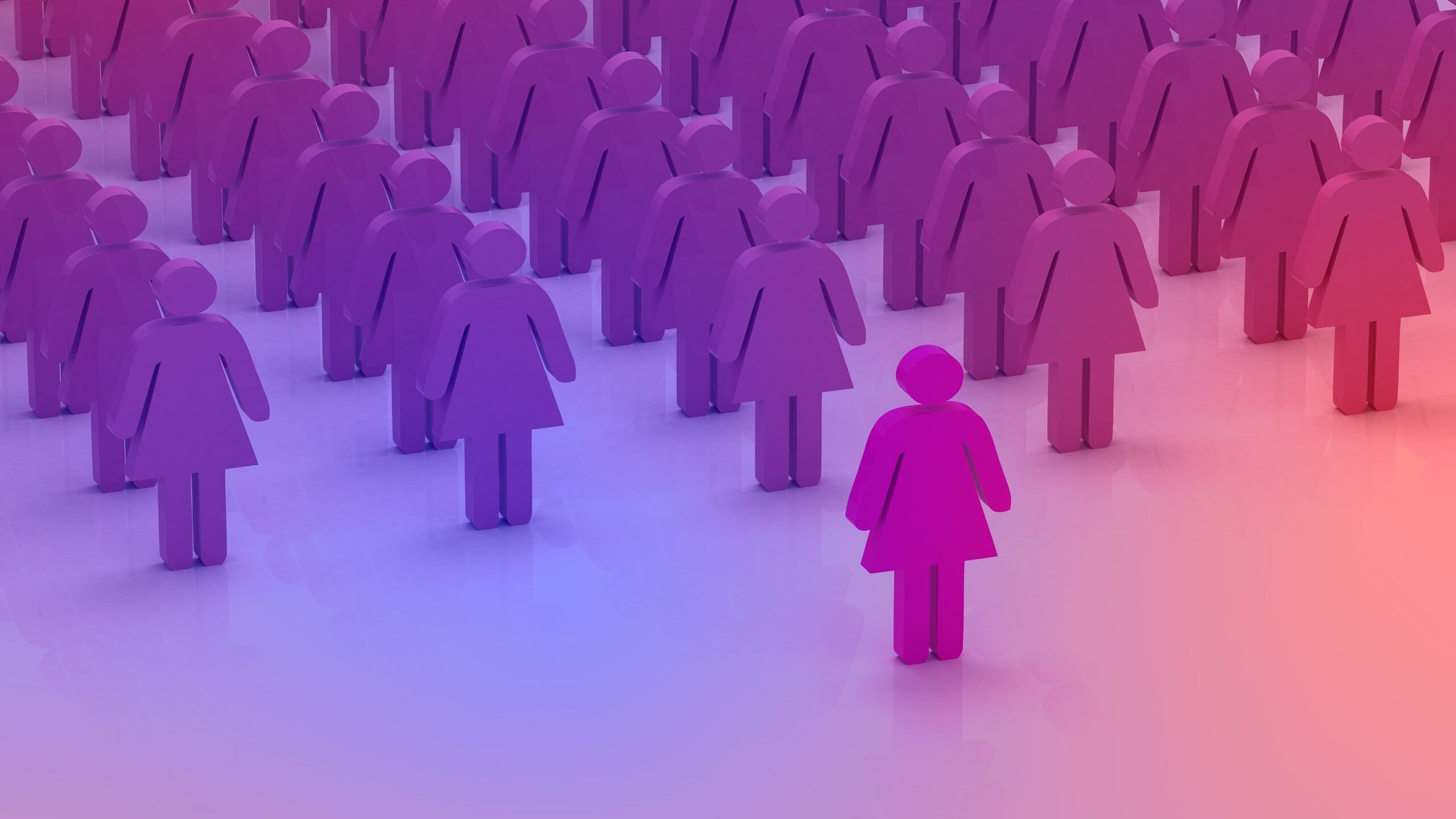 Female role models: Numerous female figures standing in rows with one figure in the foreground.