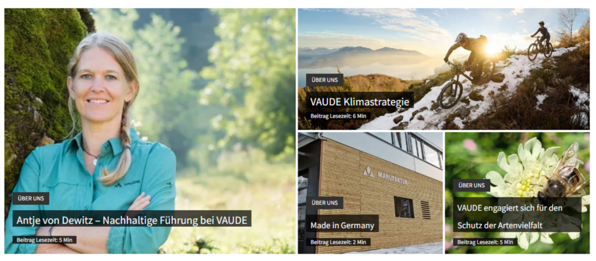 Vaude’s website Screenshot of Vaude’s website featuring various sustainability-themed blog articles